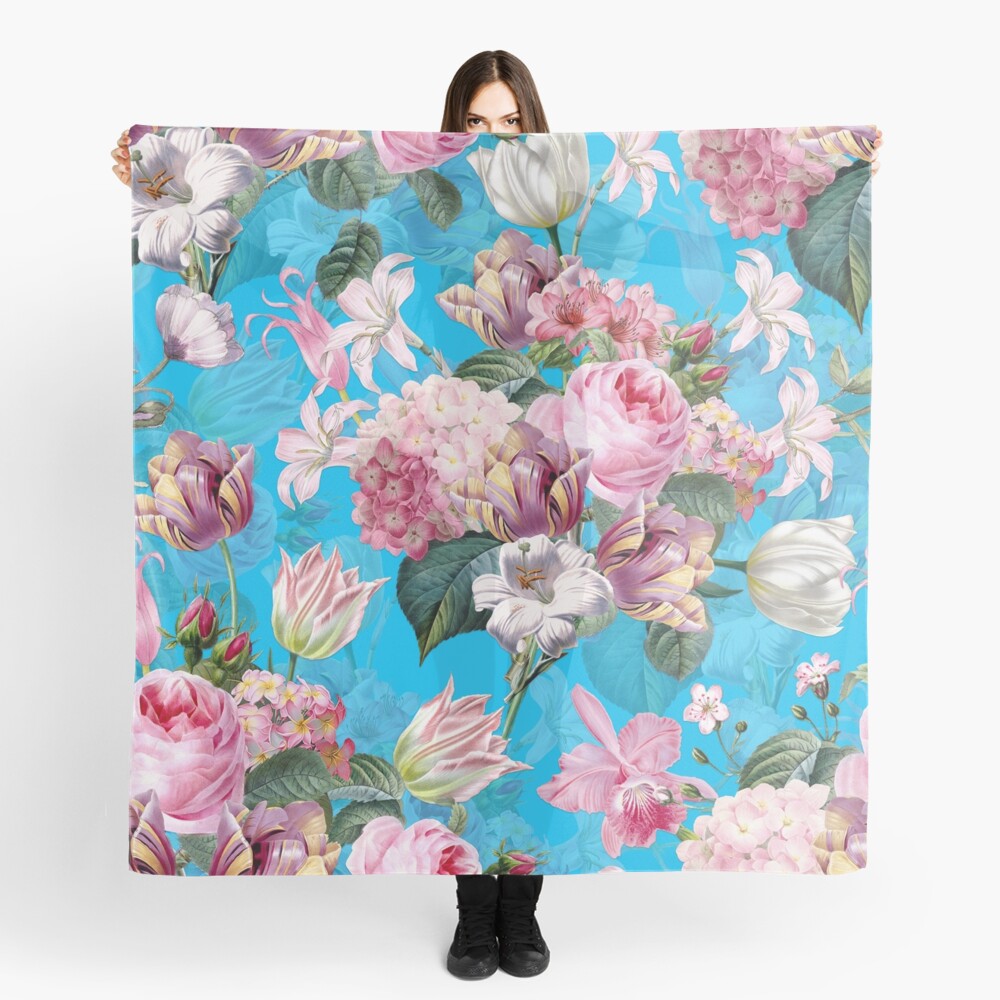 Roses Orchids and Tulips on Teal Scarf