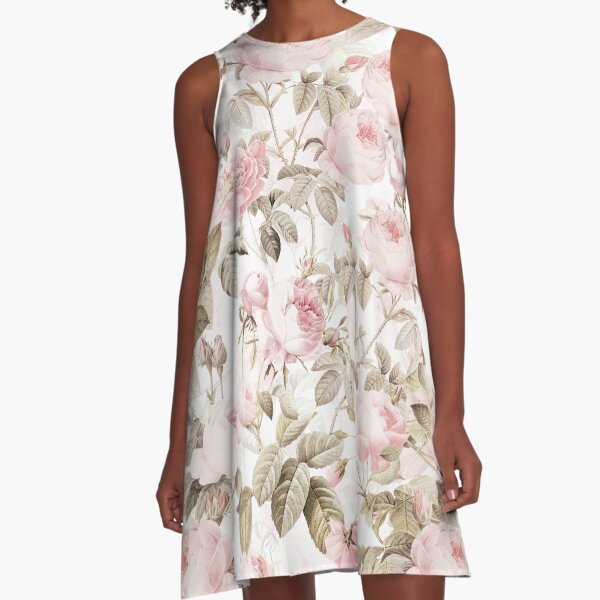 Sepia Old Vintage Roses on Pink Pattern A-Line Dress