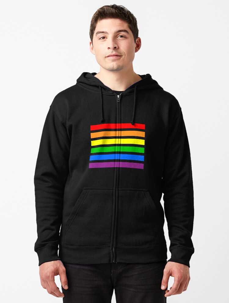 black hoodie with rainbow stripe