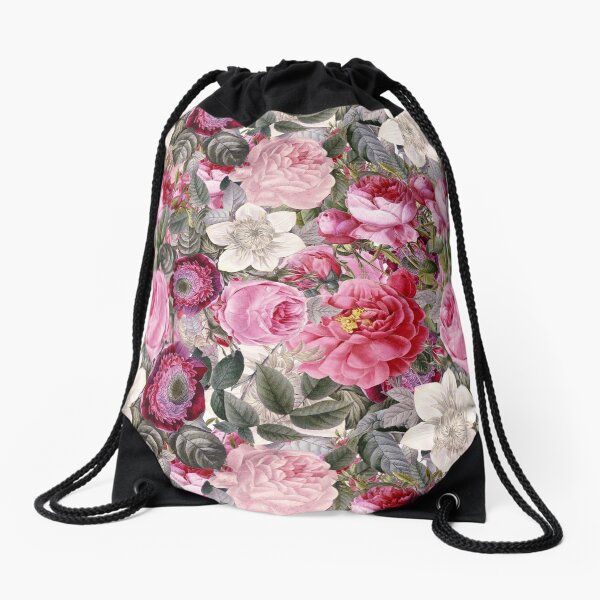 Vintage Pink Floral Pattern Drawstring Bag