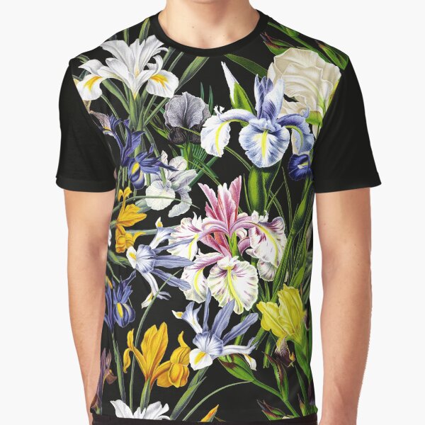 Victorian Iris Flower Pattern on Black Graphic T-Shirt