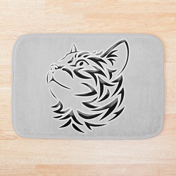CAT. Tribal Cat, Cat looking Up, Feline, Puss, Pussy, on GREY. Bath Mat