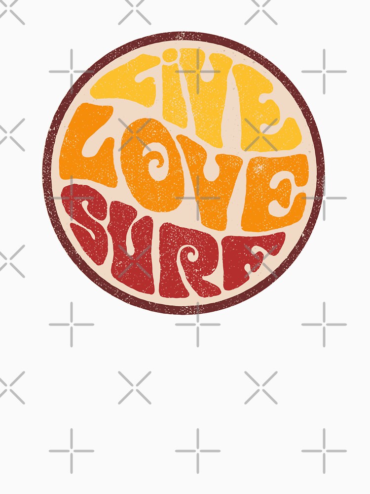 Aperçu 3 sur 3. T-shirt baseball manches ¾ avec l'œuvre Live Love Surf créée et vendue par crosstheline.