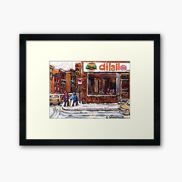 Aperçu de l'œuvre Dilallo Burger Hockey Scènes Rue Notre Dame Montreal Winter Street Tableaux canadiens créée et vendue par Carole  Spandau.
