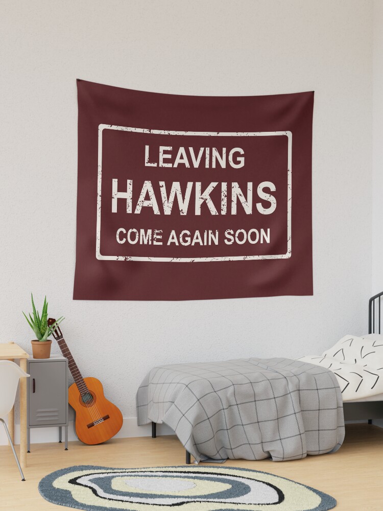 WE PERCEIVE, TV series inspired collection, Stranger things, LEAVING  HAWKINS, COME AGAIN SOON, Dark red Tapestry for Sale by We Perceive