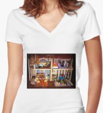 DOLLS IN DOLL HOUSE PICTURE and OR CARD,KIDS TRAVELS MUGS,DOLLS DOLL HOUSE DECORATIVE PILLOW AND OR TOTE BAG Women's Fitted V-Neck T-Shirt