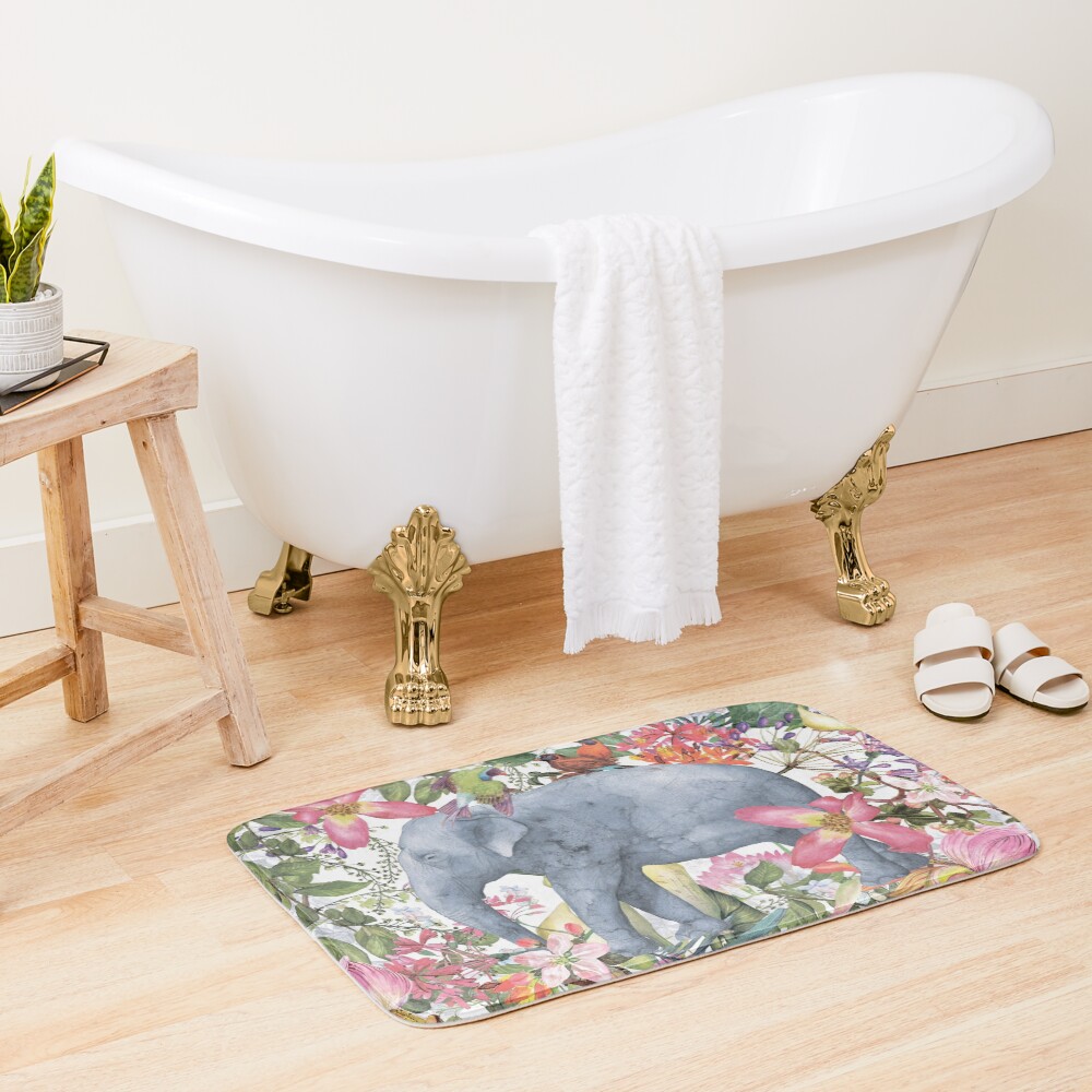 Elephant in Flower Jungle Bath Mat