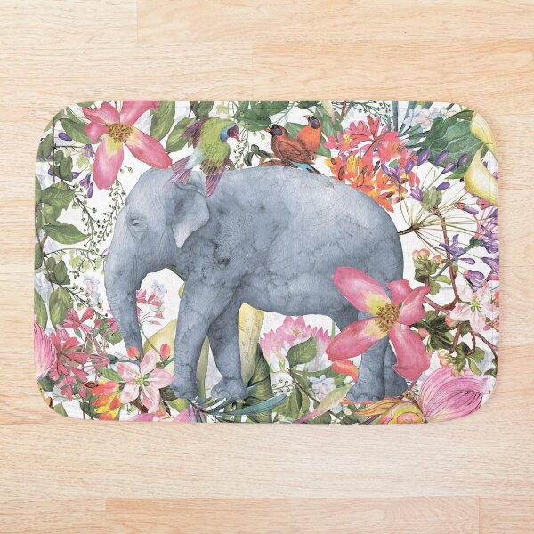 Elephant in Flower Jungle Bath Mat