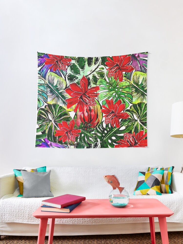 Tela decorativa «Jardín de Passiflora con hojas de palmera de flores  tropicales en #REDBUBBLE» de UtArt | Redbubble