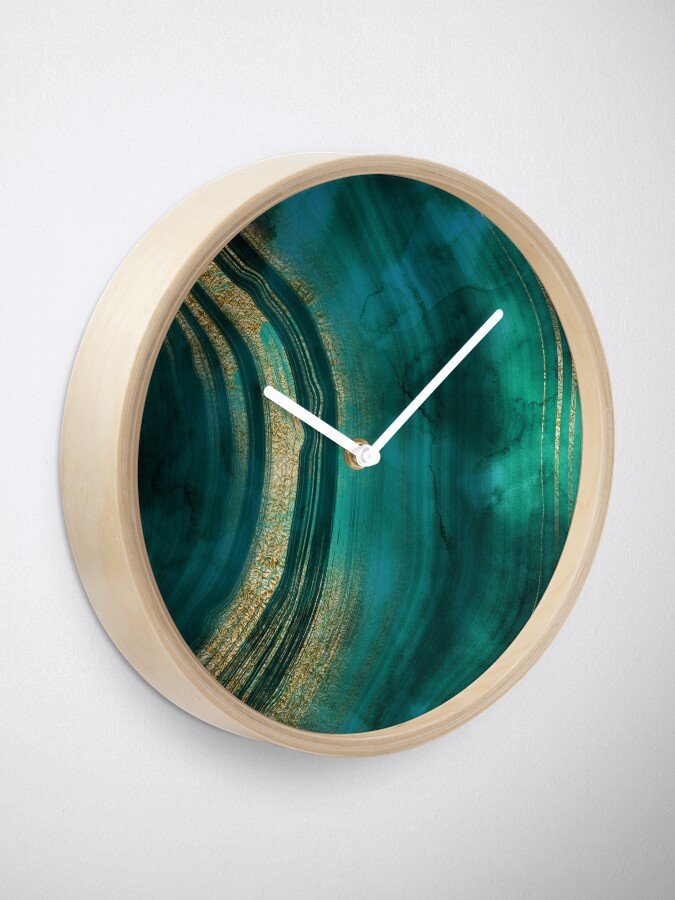 Thumbnail 1 of 4, Clock, Gold Veined Green Luxury Faux Marble designed and sold by MysticMarble.
