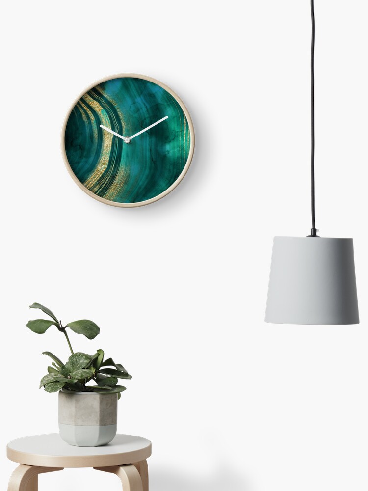 Thumbnail 2 of 4, Clock, Gold Veined Green Luxury Faux Marble designed and sold by MysticMarble.