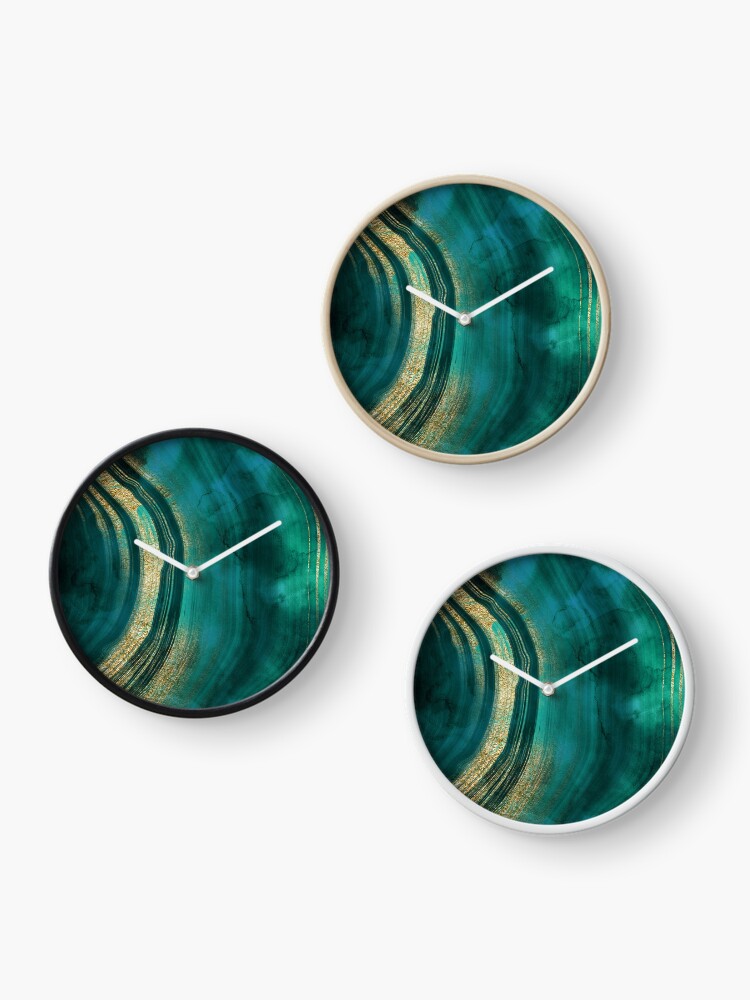 Thumbnail 3 of 4, Clock, Gold Veined Green Luxury Faux Marble designed and sold by MysticMarble.