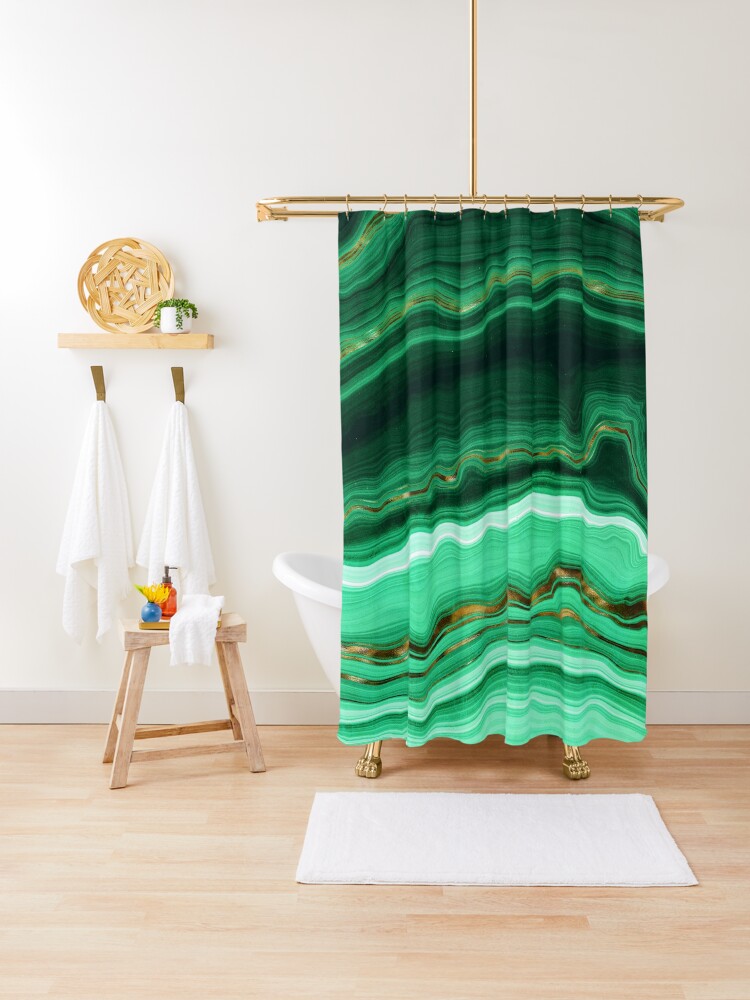 Green And Gold And Mint Veined Malachite Gemstone Shower Curtain