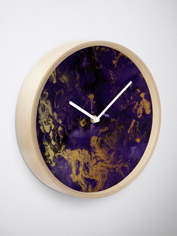 Alternate view of Dark Purple Ink Marble Texture with Gold Veins Clock