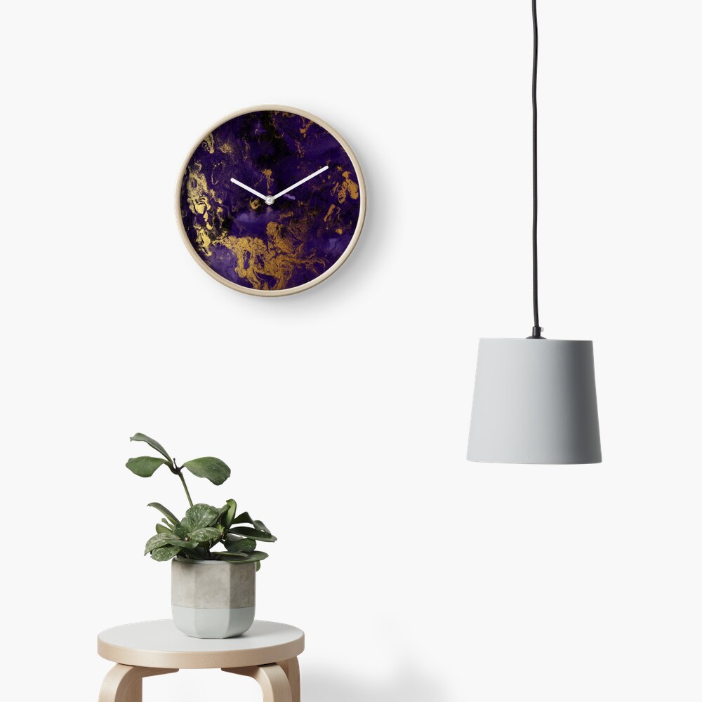 Dark Purple Ink Marble Texture with Gold Veins Clock