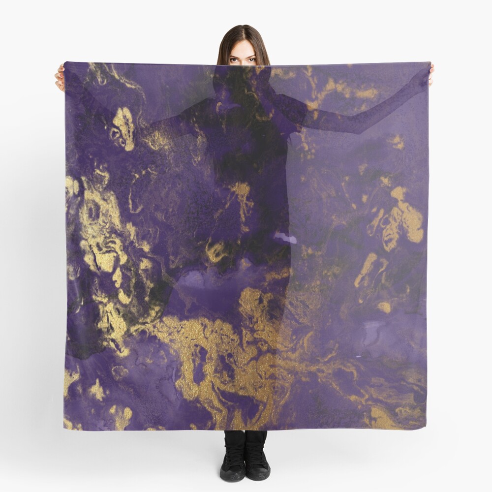 Dark Purple Ink Marble Texture with Gold Veins Scarf