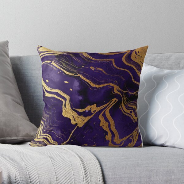 Dark Purple Ink Faux Marble Texture with Gold Veins Throw Pillow