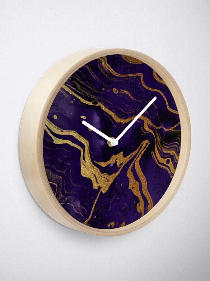 Alternate view of Dark Purple Ink Marble Texture with Gold Veins Clock