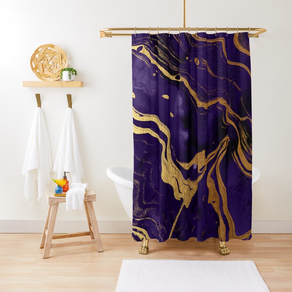 Dark Purple Ink Marble Texture with Gold Veins Shower Curtain