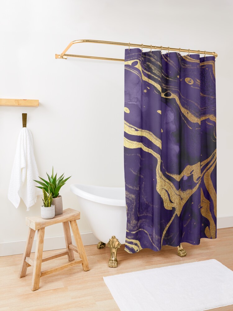 Alternate view of Dark Purple Ink Marble Texture with Gold Veins Shower Curtain