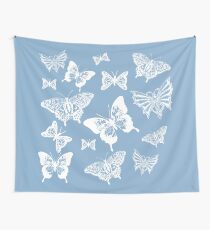 White Butterflies on Smoky Blue Grey Background Tapestry