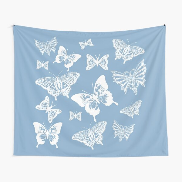 White Butterflies on Smoky Blue Grey Background Tapestry