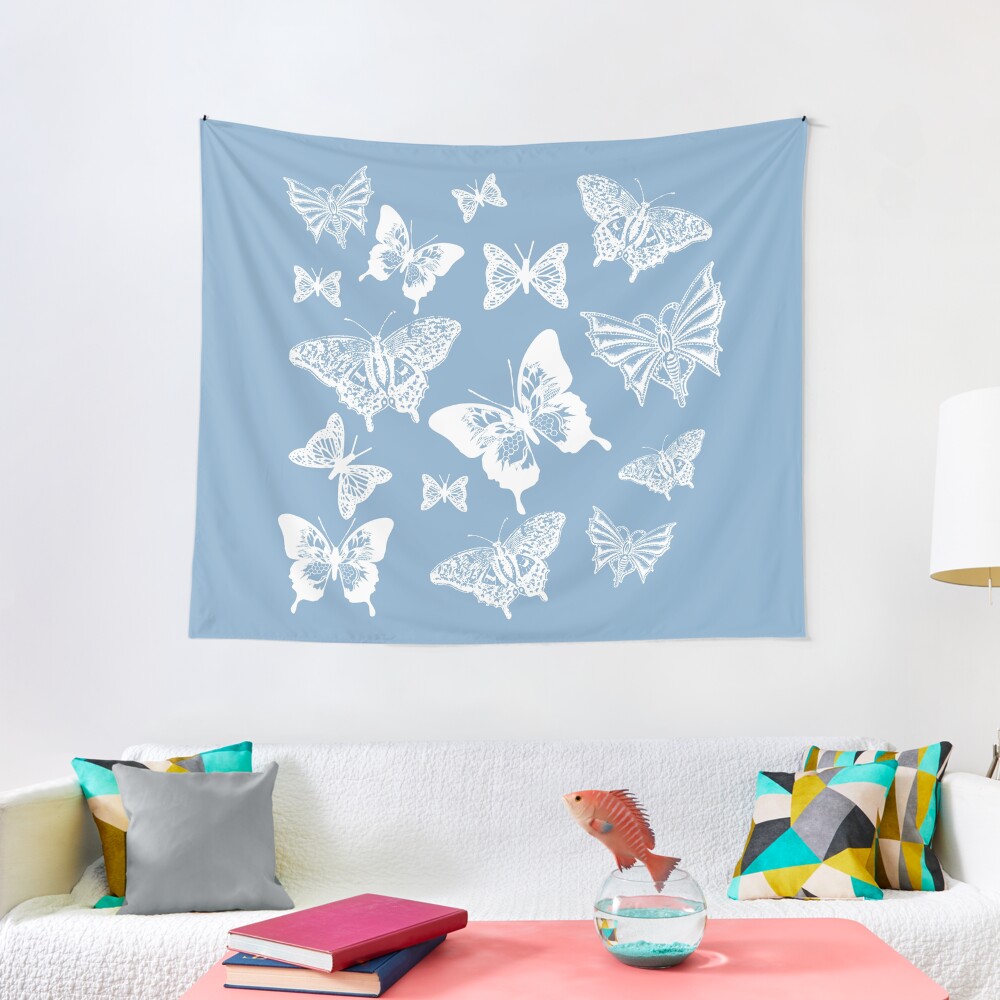 White Butterflies on Smoky Blue Grey Background Tapestry