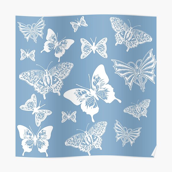 White Butterflies on Smoky Blue Grey Background Poster