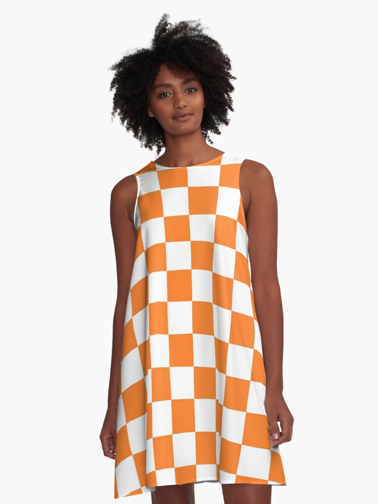 Thumbnail 1 of 4, A-Line Dress, Checkered Orange and White  designed and sold by lornakay.