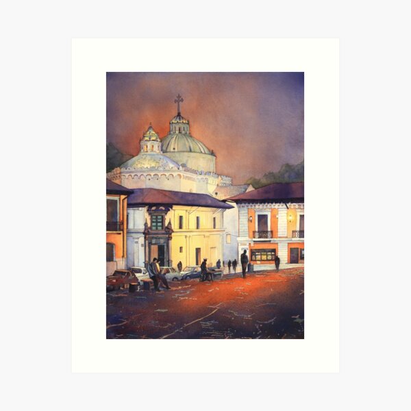 Painting of church in downtown Quito, Ecuador at sunset Art Print