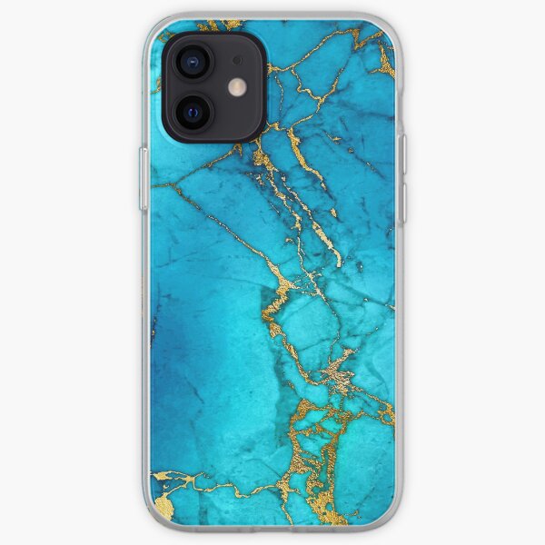 Teal Blue Marble and Gold Glitter Veins iPhone Soft Case