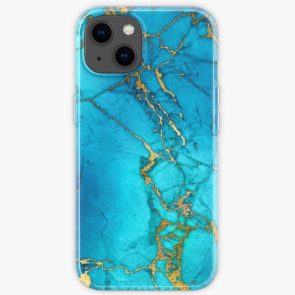Teal Blue Faux Marble and Gold Glitter Veins iPhone Soft Case
