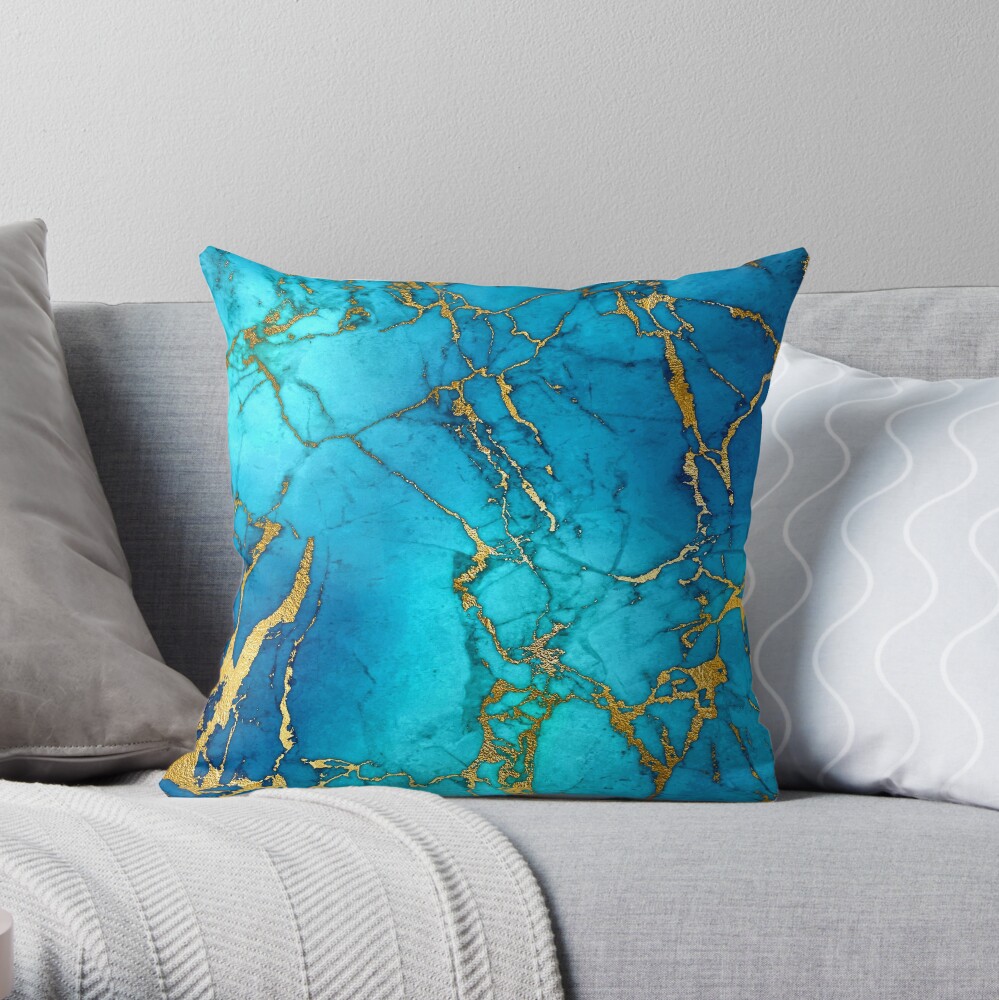 Teal Blue Marble and Gold Glitter Veins Throw Pillow