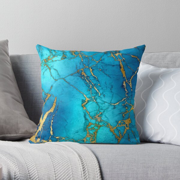 Teal Blue Marble and Gold Glitter Veins Throw Pillow