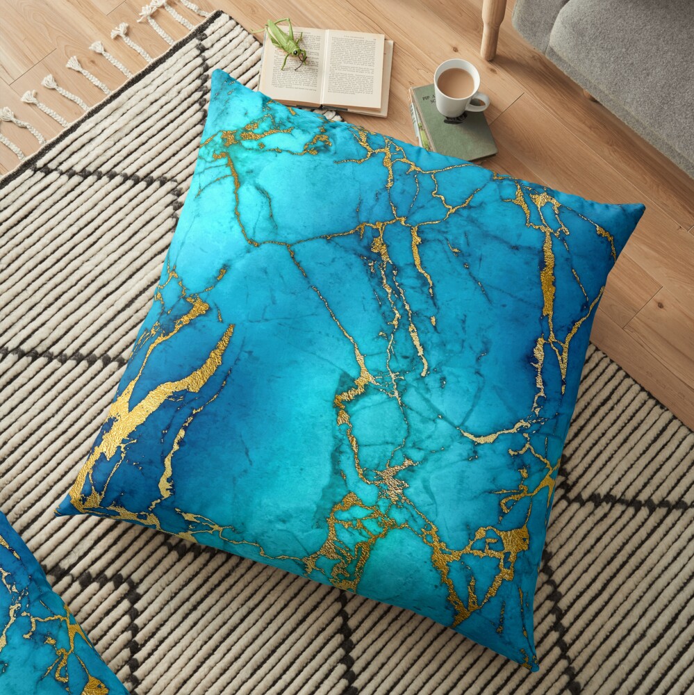 Teal Blue Marble and Gold Glitter Veins Floor Pillow