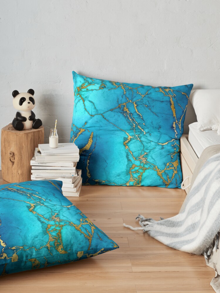 Alternate view of Teal Blue Marble and Gold Glitter Veins Floor Pillow