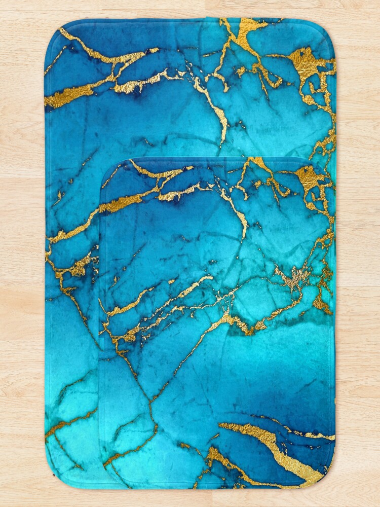 Alternate view of Teal Blue Marble and Gold Glitter Veins Bath Mat