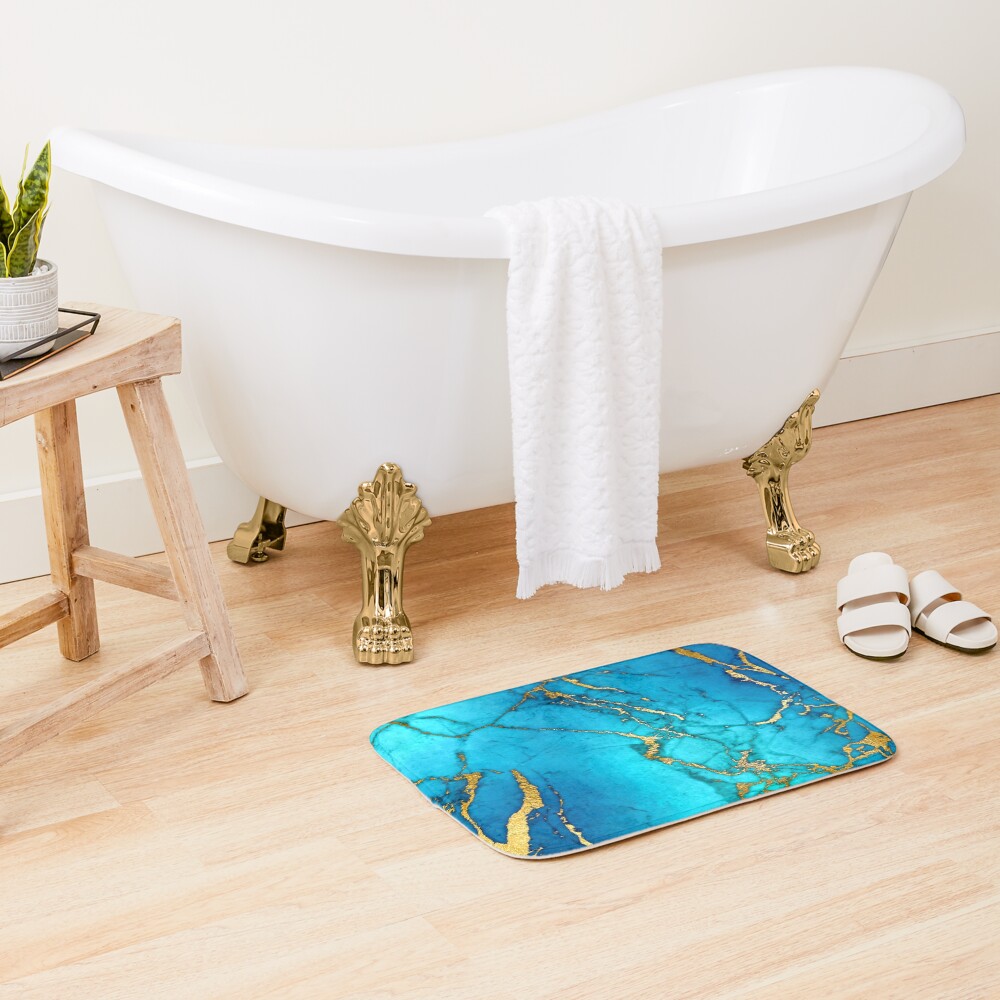 Teal Blue Marble and Gold Glitter Veins Bath Mat