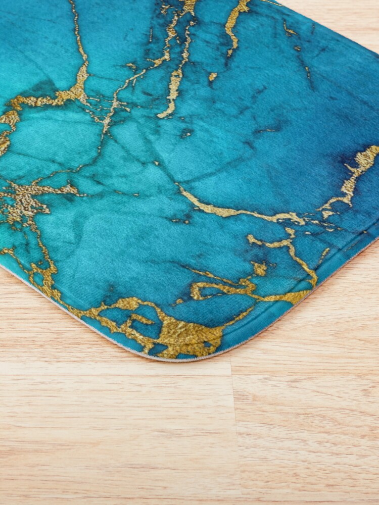 Alternate view of Teal Blue Marble and Gold Glitter Veins Bath Mat