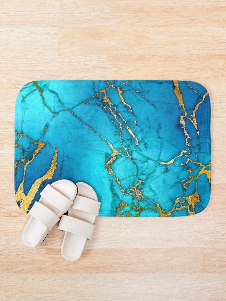 Alternate view of Teal Blue Marble and Gold Glitter Veins Bath Mat