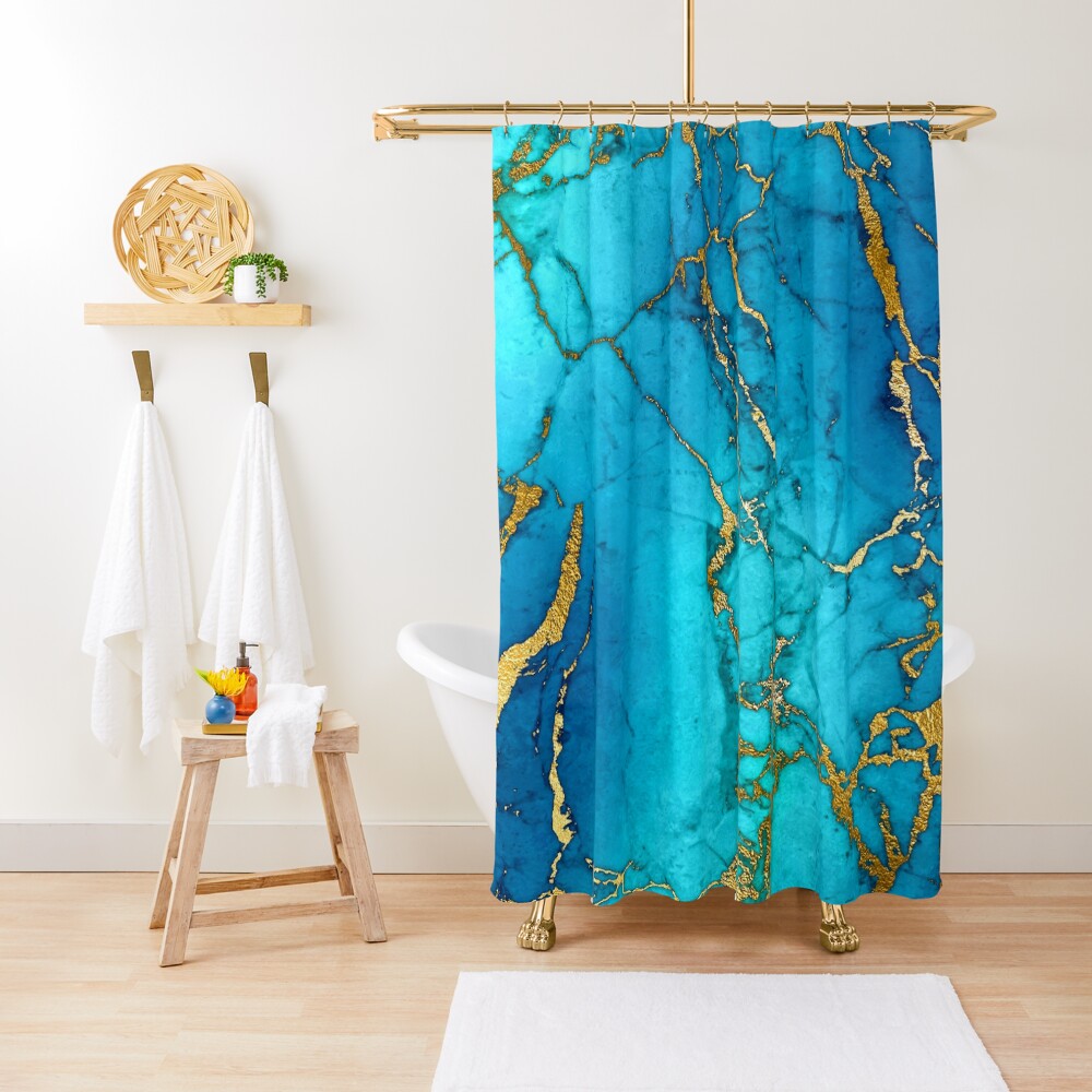Teal Blue Marble and Gold Glitter Veins Shower Curtain