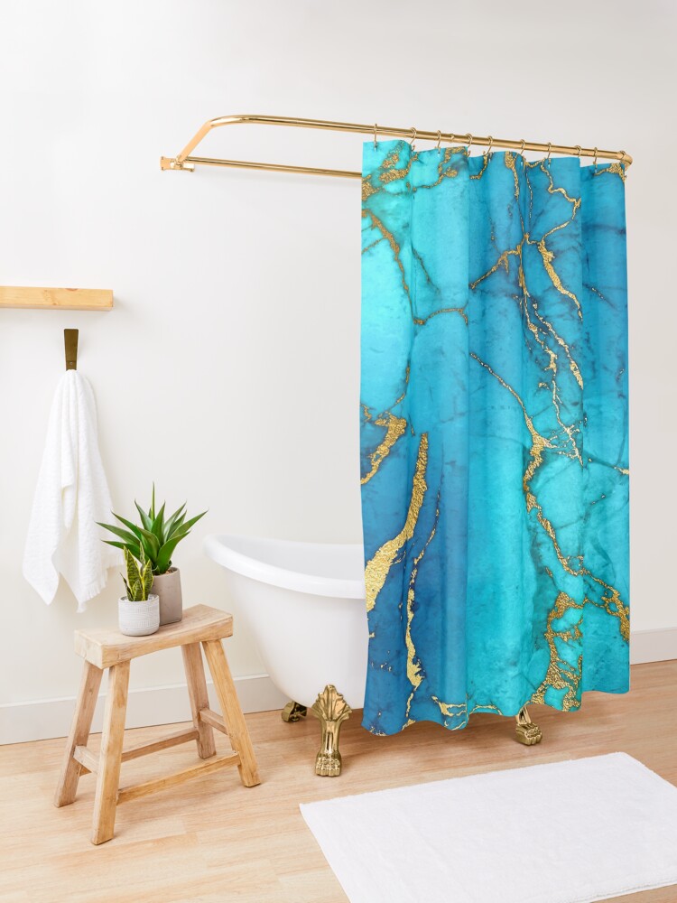 Alternate view of Teal Blue Marble and Gold Glitter Veins Shower Curtain