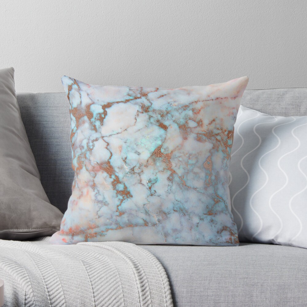 Copper Veins on light blue marble Throw Pillow