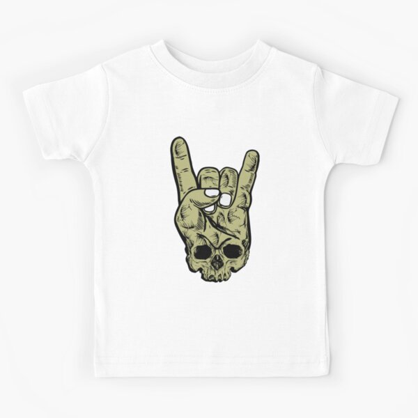 Heavy Metal Skull With Devil Horns Hand Kids T Shirt By Tshirtsbyms Redbubble - by shop for carz devil horns hat on roblox