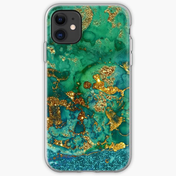 Sparkling Gold Glitter on Green and Blue marble iPhone Soft Case