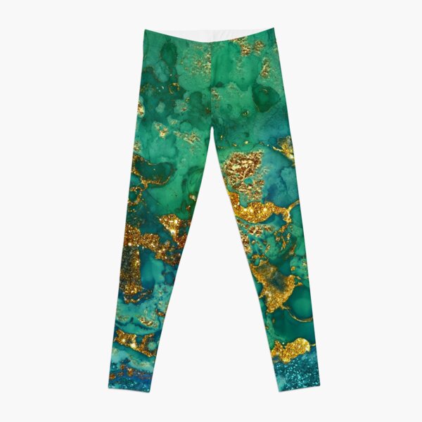Sparkling Gold Glitter on Green and Blue marble Leggings