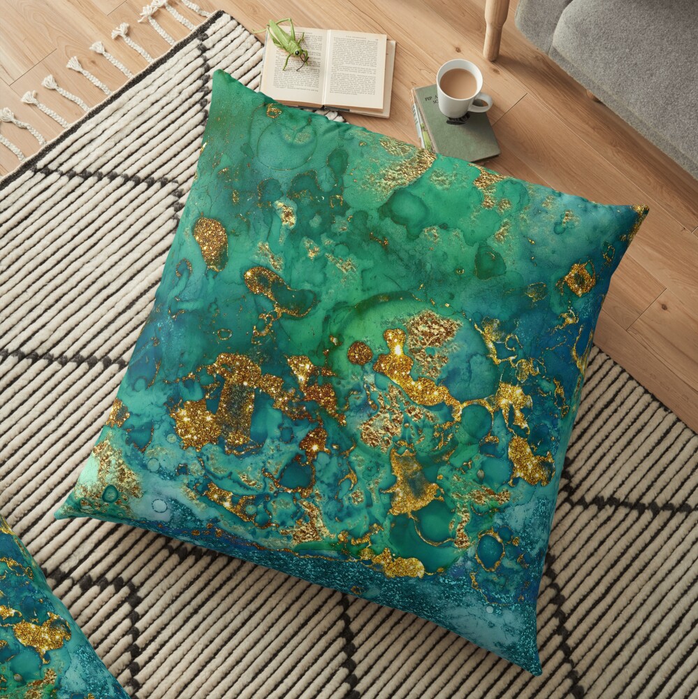 Sparkling Gold Glitter on Green and Blue marble Floor Pillow