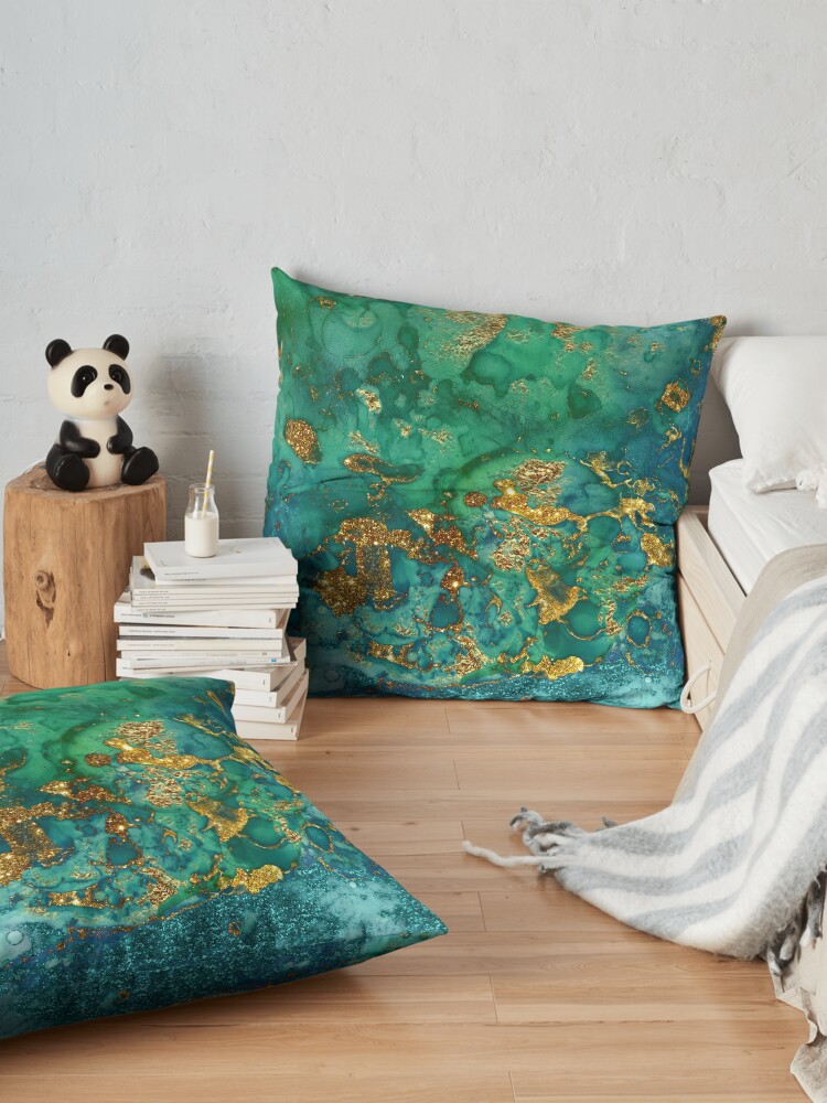 Alternate view of Sparkling Gold Glitter on Green and Blue marble Floor Pillow