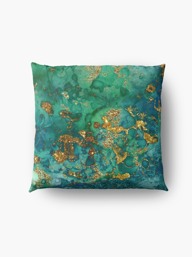 Alternate view of Sparkling Gold Glitter on Green and Blue marble Floor Pillow