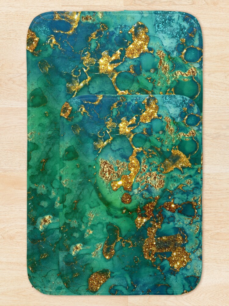 Alternate view of Sparkling Gold Glitter on Green and Blue Faux marble Bath Mat